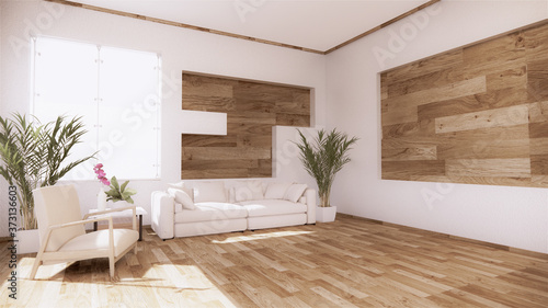 A living room with a sofa in a minimalist style White tropical style living room with wood grain floor..3D rendering