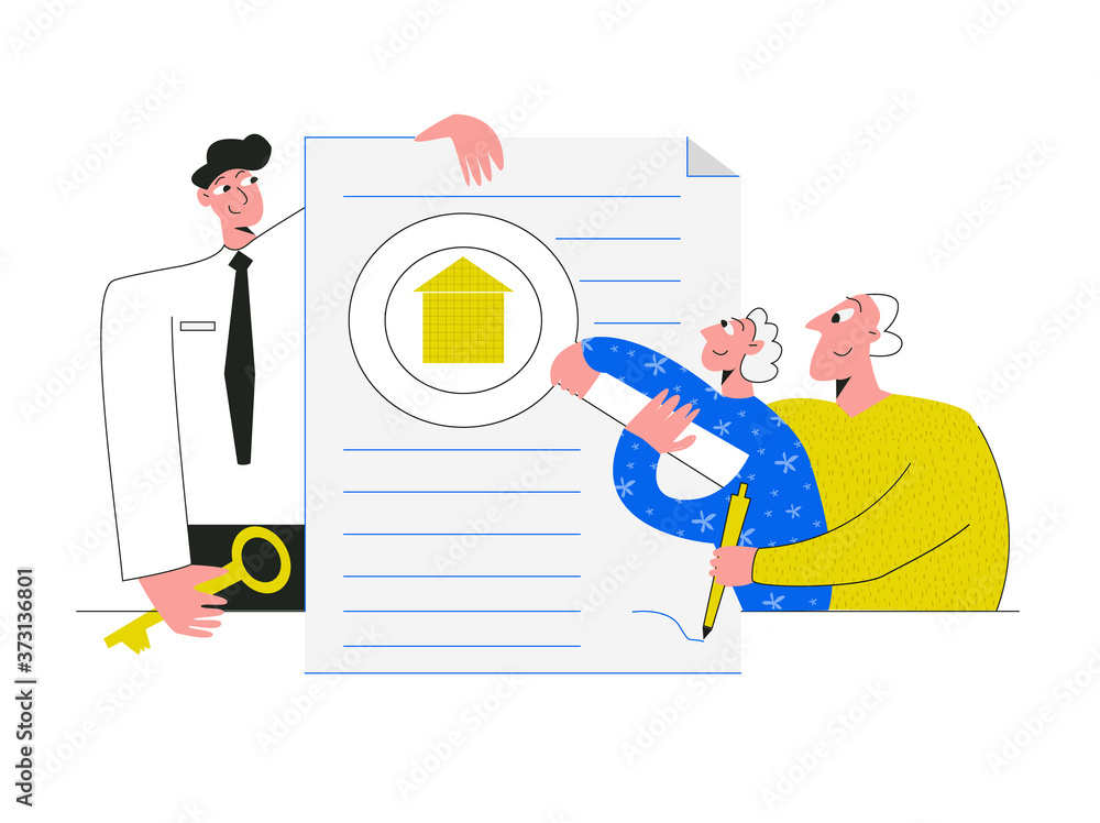 Seniors couple buying a home. Estate agent giving house keys to old client after signing agreement contract real estate with approved mortgage application form. Flat vector cartoon illustration 