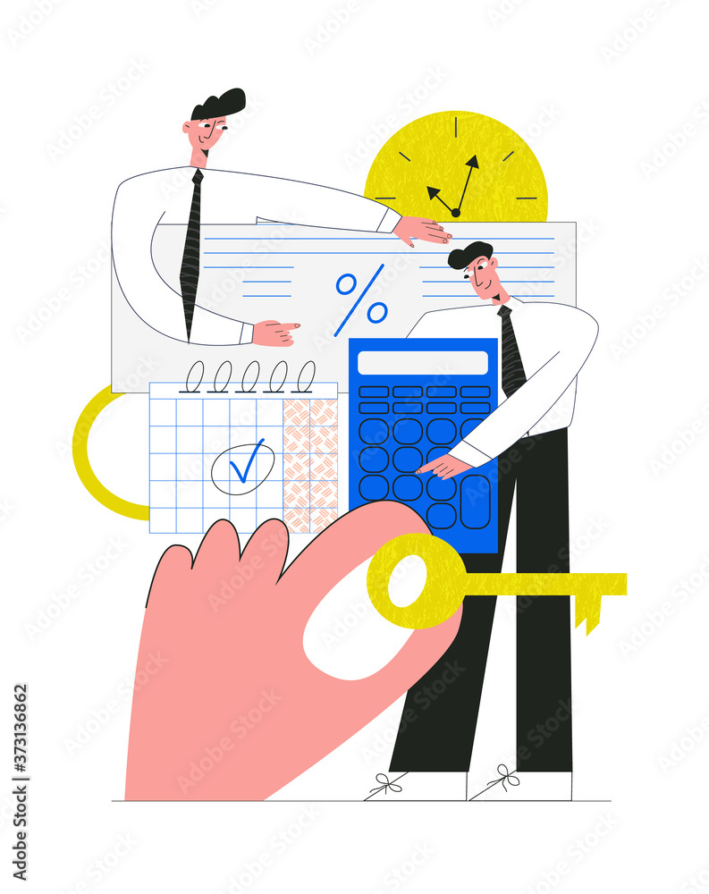 Obraz premium House mortgage concept. Steps to get a bank loan to buy a home, property. House loan or money investment to real estate. Man calculates home mortgage rate. Flat vector illustration with character 