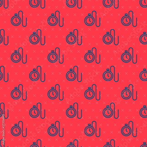 Blue line Watch with a chain icon isolated seamless pattern on red background. Vector.
