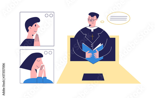 Pastor with bible conducts church services online.  A group of people with pastor praying online.  Church and liturgy concept. People praying with video conference. Flat vector illustration 