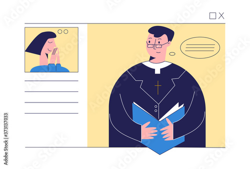 Pastor with bible conducts church services online. Church and liturgy online concept. Woman praying with video conference. Flat vector illustration isolated on white background