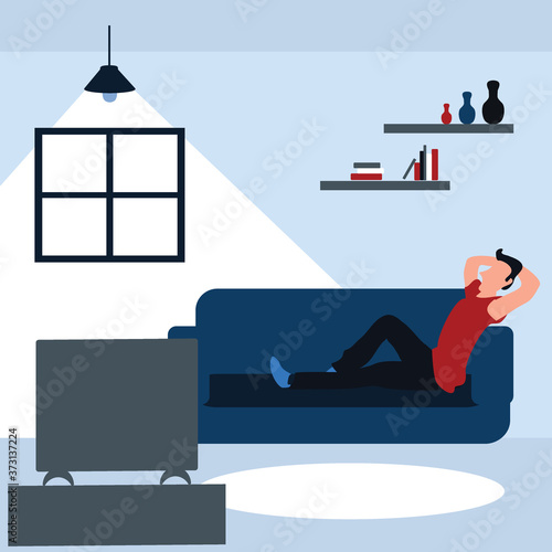 at the living room, a man casually watching television - colorful flat cartoons illustrations