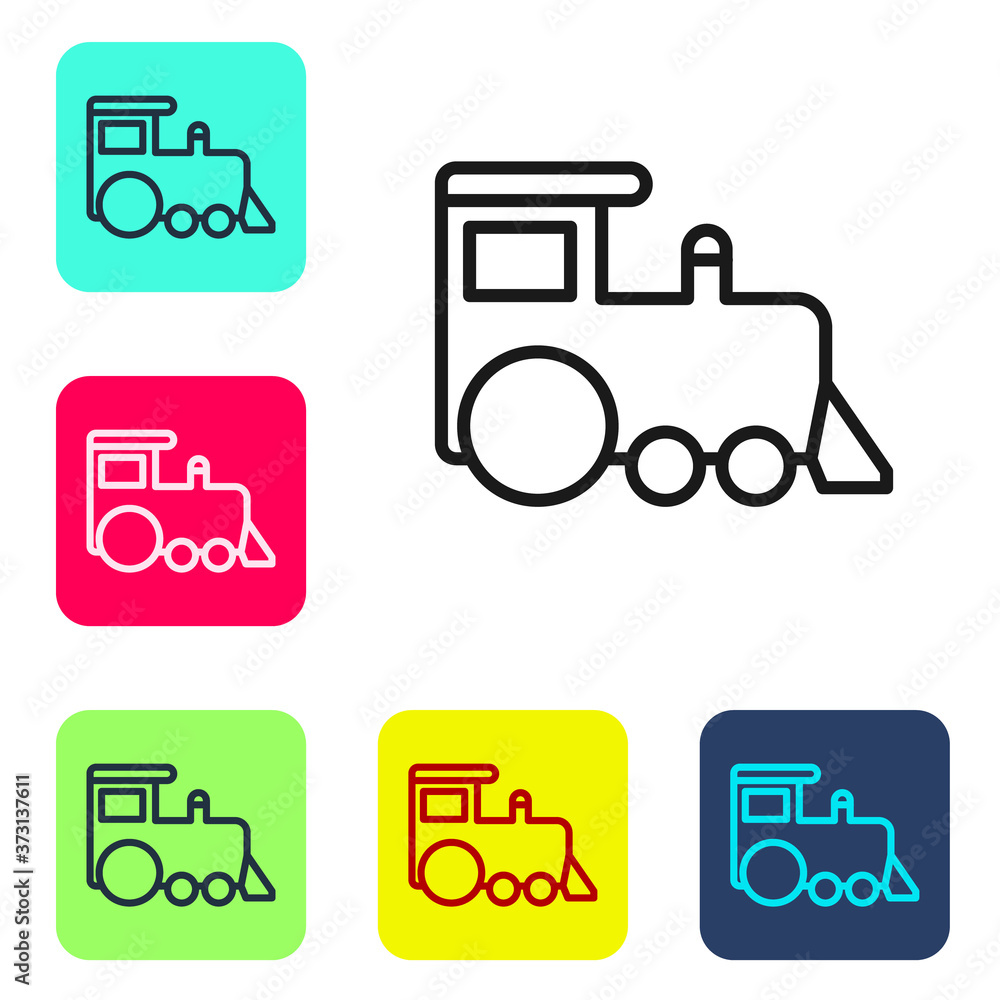Black line Toy train icon isolated on white background. Set icons in color square buttons. Vector. Black line Toy train icon isolated on white background. Set icons in color square buttons. Vector.