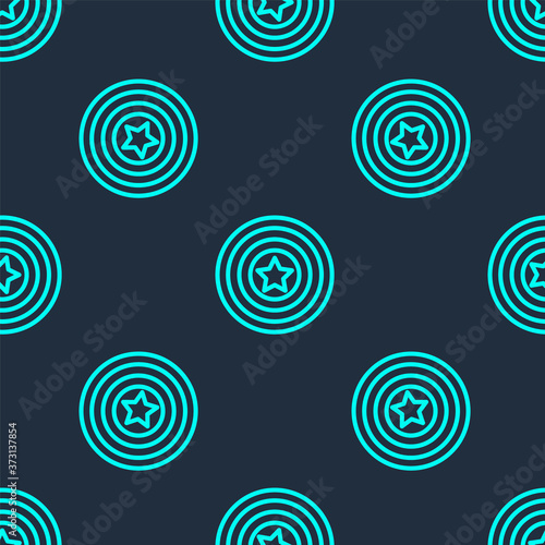 Green line American star shield icon isolated seamless pattern on blue background. United States of America country flag. 4th of July. USA Independence day. Vector.