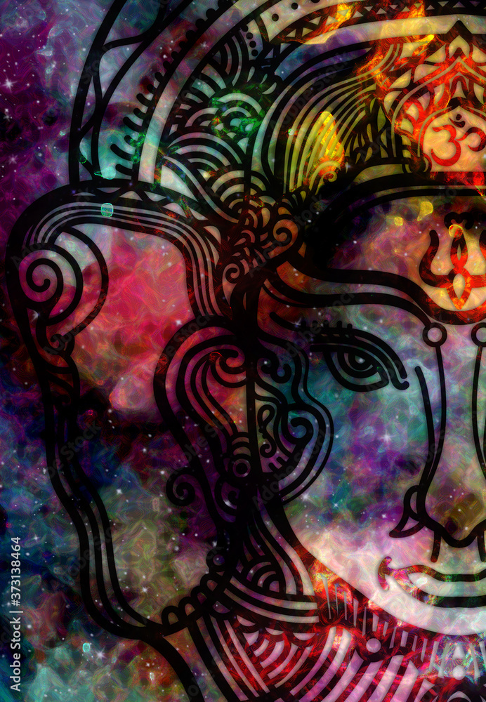 Abstract ancient geometric mandala graphic design with star field and colorful watercolor digital art painting galaxy backgrounds, Illustrator drawing indian goddess GANESH