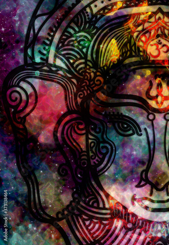 Abstract ancient geometric mandala graphic design with star field and colorful watercolor digital art painting galaxy backgrounds  Illustrator drawing indian goddess GANESH