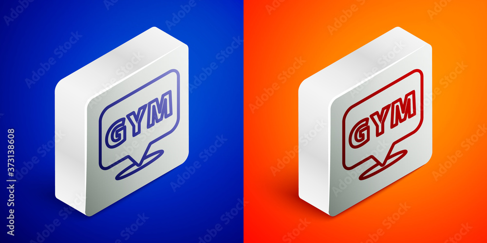 Isometric line Location gym icon isolated on blue and orange background. Silver square button. Vector. Isometric line Location gym icon isolated on blue and orange background. Silver square button. Vector.