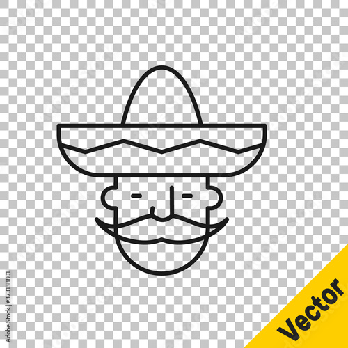 Black line Mexican man wearing sombrero icon isolated on transparent background. Hispanic man with a mustache. Vector.