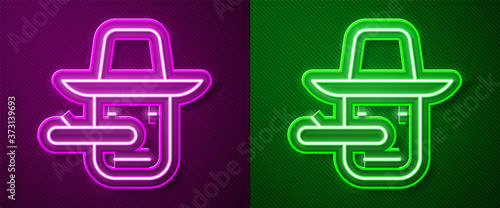 Glowing neon line Pinocchio icon isolated on purple and green background. Vector.