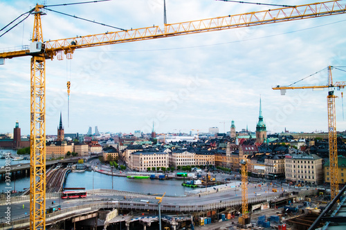 Stockholm Slussen construction site with cranes