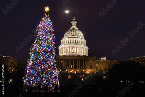 Traditional Christmas Tree and Capitol Building at night - Washington D.C. United States of America