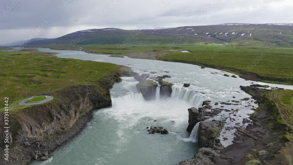 Flying above the Godafoss waterfall in Iceland Flying above the Godafoss waterfall in Iceland