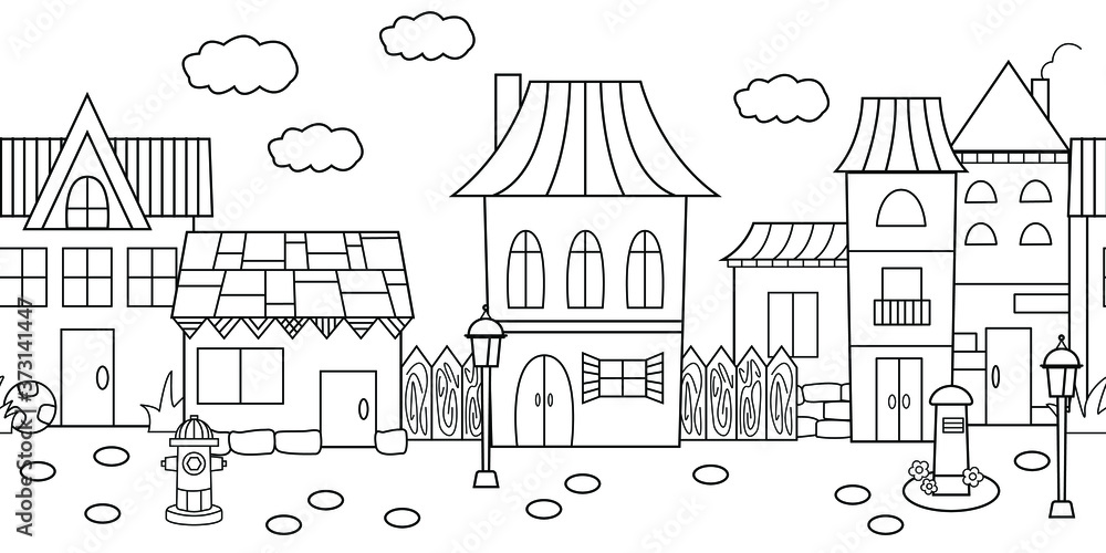 Seamless pattern with country house, street. Black and white vector illustration. Coloring book.
