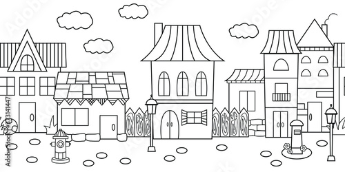 Seamless pattern with country house, street. Black and white vector illustration. Coloring book. © Ekaterina