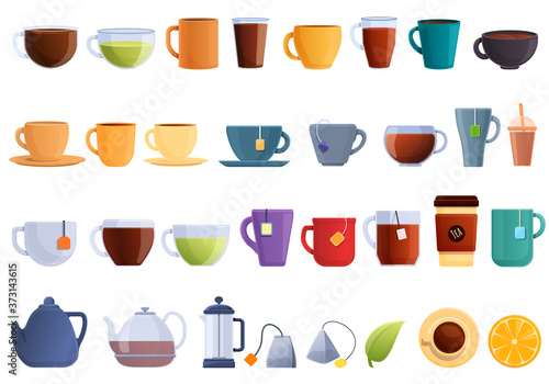 Tea icons set. Cartoon set of tea vector icons for web design