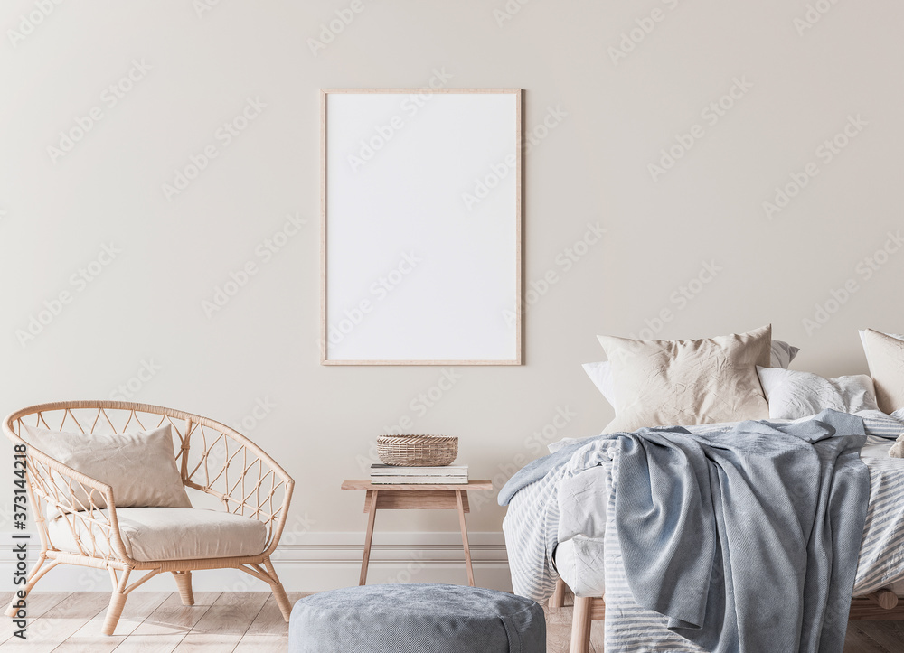 frame mockup in Scandinavian bedroom design, wooden bed, blue plaid, and rattan armchair. Vertical wooden frame on beige wall background, 3d render - obrazy, fototapety, plakaty 
