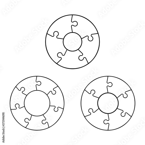 Five, six, seven piece puzzle business presentation. Circle infograph. Five, six, seven step puzzle process diagram. 5,6,7 section compare service banner. section shape, info graphic banner background