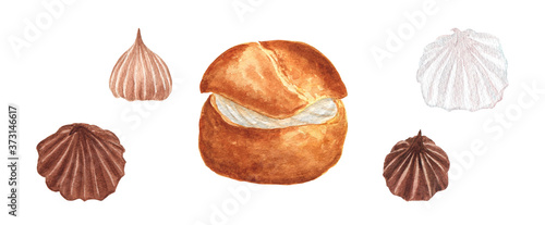 Watercolor illustration of the profiterole and meringues on a white isolated background. Delicious and cute set for designs. 