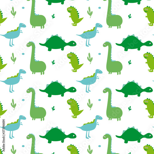 Flat pattern with cute dinos. Cute dinosaurs isolated on white background. Kids illustration. Funny cartoon dino and prehistoric elements. Children design