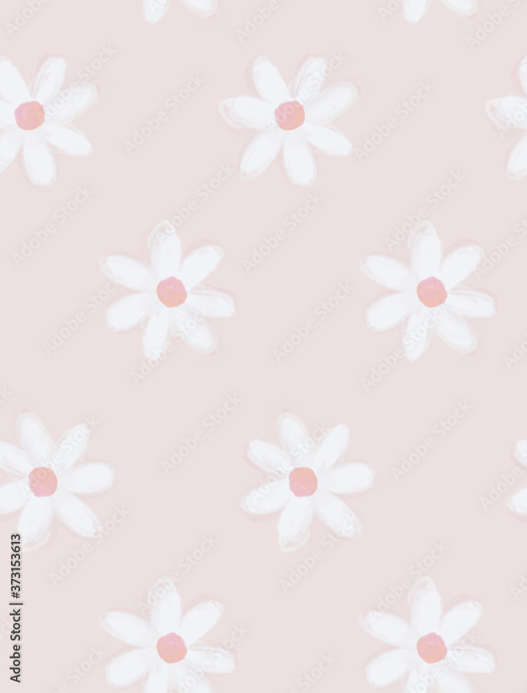 Simple Pastel Color Floral Seamless Vector Pattern. White Hand Drawn Daisies on a Light Pink Background. Infantile Style Abstract Flowers Print. 