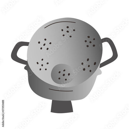 Doodle colander, perforated metal cullender to strain pasta or rinse vegetables. household utensil, isolated vector icon on white background, doodle handdrawn cartoon illustration