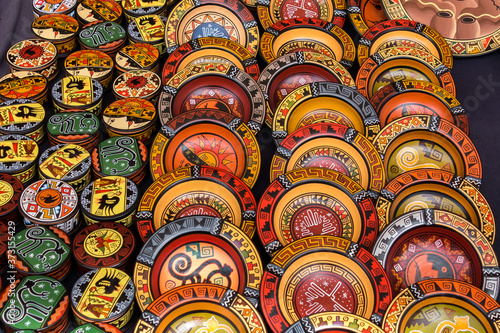 Colorful pottery  craft market of Pisac  near Cusco  Peru