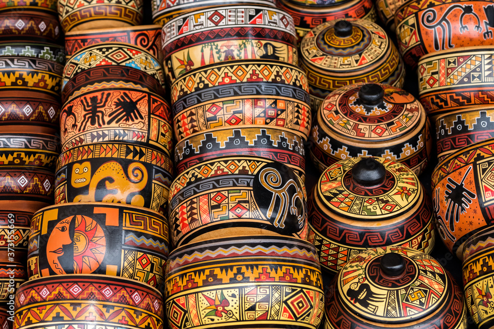 Colorful pottery, craft market of Pisac, near Cusco, Peru