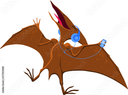 A pterodactyl with headphones enjoys music. Vector cartoon image.