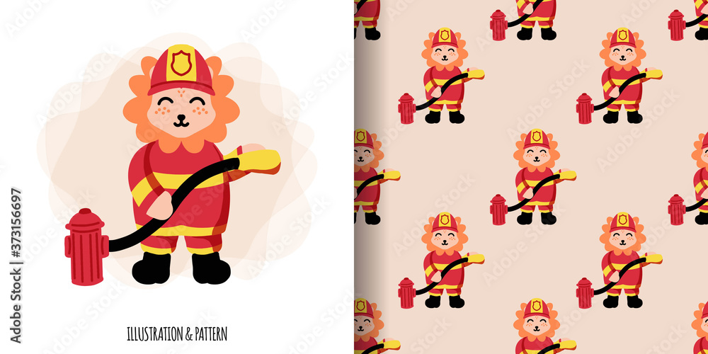 CUTE FIREMAN ANIMAL PROFESSIONS CHARACTER ILLUSTRATION WITH SEAMLESS PATTERN