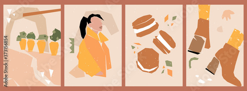 Set of abstract posters with torn paper elements. Collage of various cut out paper shapes. Backgrounds for social media, stories with a silhouette of a fashionable girl, macaroon, boots, vases, plants