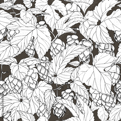 hop leaves and cones, seamless vector illustration