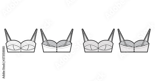 Bustier top technical fashion illustration with cropped length, cups and a cutaway front. Flat bra swimwear lingerie template front, back, white, grey color. Women, men, unisex underwear CAD mockup. 