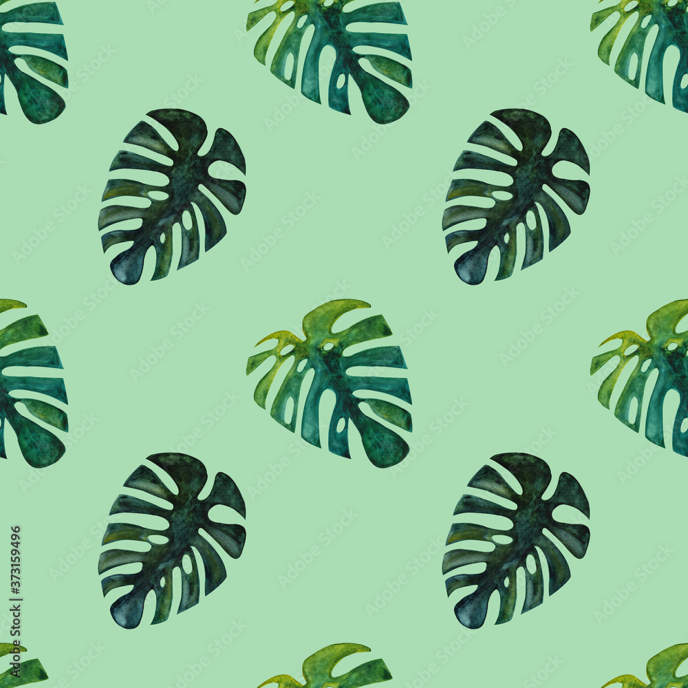 Fototapeta premium Watercolor hand drawn seamless tropical pattern with monstera leaf. Endless texture for design on green background