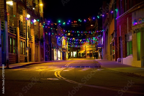 City street lights at night in Bisbee, Arizona