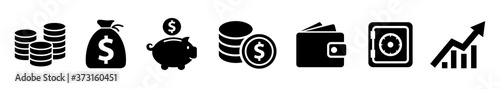 Set flat business finance icons, money signs. Money coins silhouette collection - stock vector