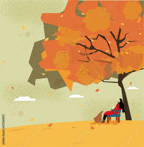 Art & Illustration Beautiful girl wearing medical or hygienic mask sitting alone in the park with her dog in Autumn.Girl with a cup of hot coffee or drink while pandemic during Covid-19.