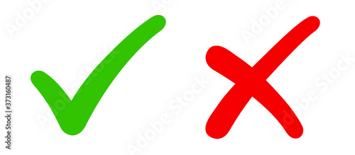 Check mark, tick and cross brush signs, green checkmark OK and red X icons, symbols YES and NO button for vote, decision, election choice icon - stock vector photo