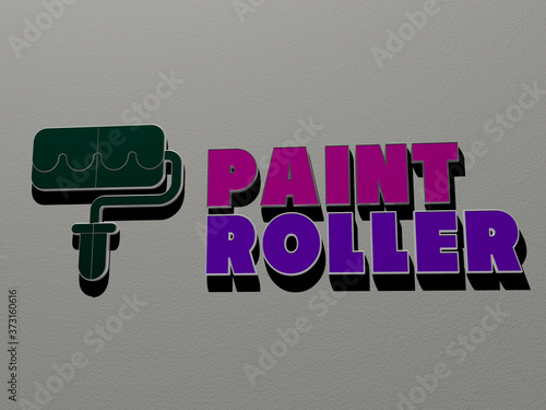 3D representation of paint roller with icon on the wall and text arranged by metallic cubic letters on a mirror floor for concept meaning and slideshow presentation, 3D illustration