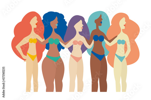Group of women with different shapes embracing their bodies