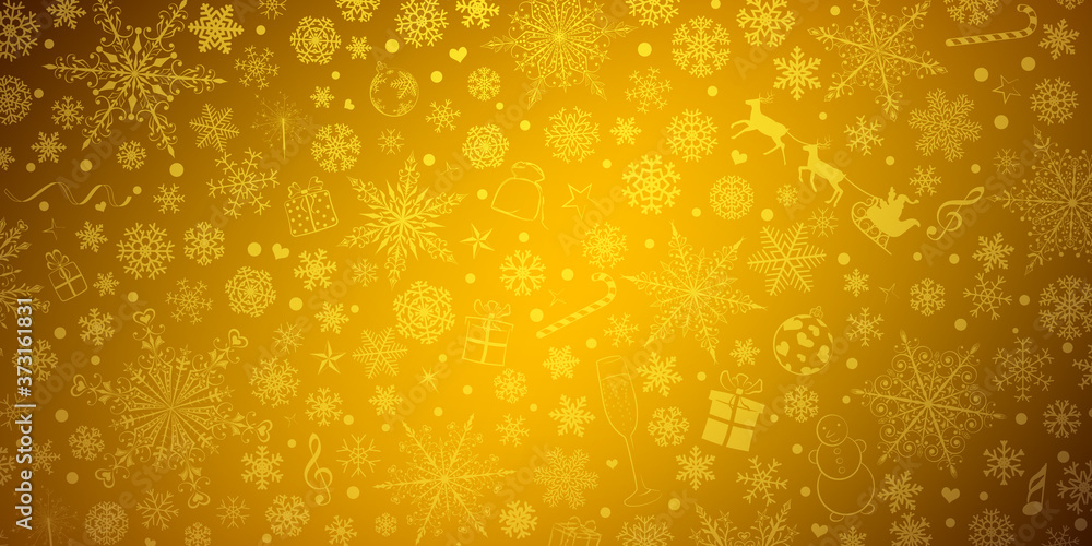 Christmas background of various snowflakes and holiday symbols, in yellow colors