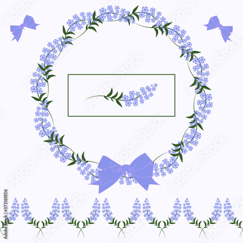 Set of seamless border, frame and lavender flowers elements, workpiece for your design. Flowers elements and lavender decorative bow. Decor for textile, invitations, postcards and print design. Vector