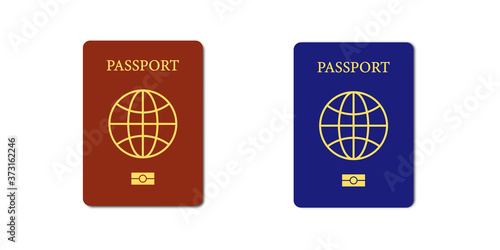International biometric passport . Cover page of red and blue passports . Vector illustration on white background . ID document with biometric data , travel concept.