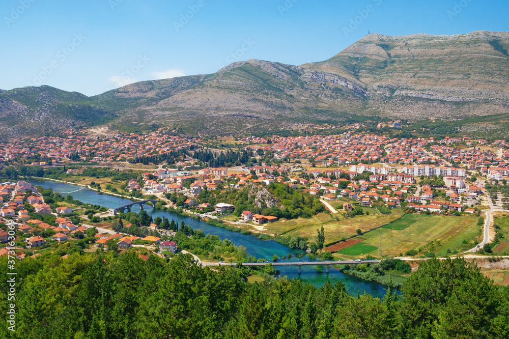 Bosnia and Herzegovina, Republika Srpska. View of Trebinje city and Trebisnjica river on sunny summer day