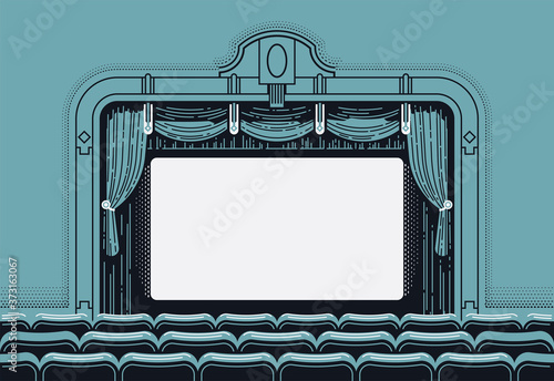 Cinema theatre movie screen vector illustration in retro styled yet clean design. Vintage movie theater interior with curtain, seat rows and blank film screen