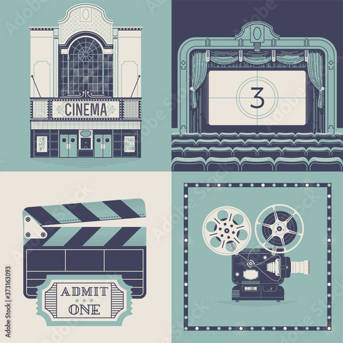 Vector designs on movie theater and cinema entertainment with classic theater facade with marquee signboard, auditorium with movie screen, curtain and seats, clapboard with ticket and retro projector
