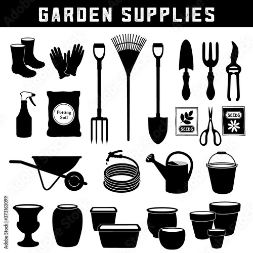 Garden Supplies, Do It Yourself tools for backyard and home garden care and maintenance, twenty-six silhouette icons isolated on white background.