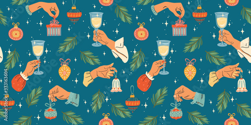 Christmas and Happy New Year seamless pattern. Trendy retro style. Vector design