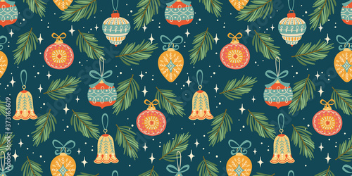 Christmas and Happy New Year seamless pattern. Trendy retro style. Vector design