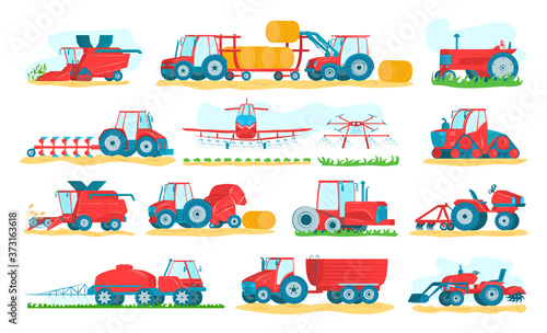 Agricultural machinery set of isolated on white vector illustrations. Agriculture vehicles and farm machines. Tractors, harvesters, combines. Farming and agribusiness of crop and harvest equipment.